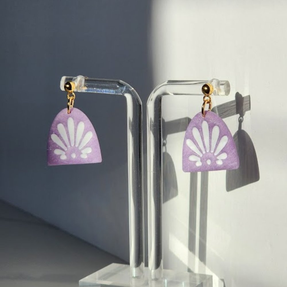 Purple White Arch Polymer clay earrings handmade Lightweight Hypoallergenic 1"
